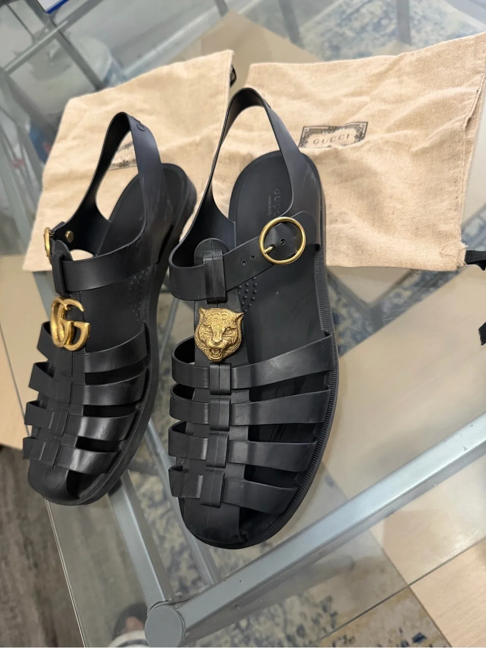 Gucci Black Jelly Fisherman Sandals with Gold GG & Cat Hardware